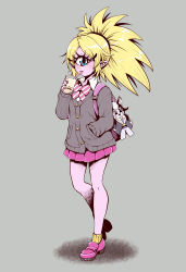 Rule 34 | 1girl, alternate hairstyle, backpack, bag, bakenyan (precure), black cardigan, blonde hair, blue eyes, blush, bow, bowtie, bubble tea, cardigan, character doll, collared shirt, colored skin, commentary request, cup, cyclops, disposable cup, drink, drinking, drinking straw, eyelashes, eyewon (precure), full body, grey background, highres, holding, holding cup, lipstick, loafers, long sleeves, looking at viewer, makeup, neggu (kojimagen), no antennae, one-eyed, parted bangs, pink skin, pink skirt, pleated skirt, pointy ears, precure, school bag, school uniform, shirt, shoes, sideways glance, skirt, socks, solo, star twinkle precure, white shirt, wing collar