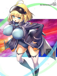 Rule 34 | 1girl, ahoge, blonde hair, blue eyes, breasts, griffon (last origin), hand on own hip, highres, jacket, large breasts, last origin, leotard, open mouth, short hair, signature, solo, thighhighs, umigarasu (kitsune1963), weapon, white thighhighs