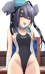 Rule 34 | 1girl, absurdres, aqua hat, black one-piece swimsuit, black ribbon, competition swimsuit, cowboy shot, garrison cap, gloves, grey eyes, grey hair, hair ornament, hair ribbon, hat, highleg, highleg swimsuit, highres, kantai collection, long hair, looking at viewer, nokonoko, one-piece swimsuit, ribbon, scamp (kancolle), side ponytail, solo, star (symbol), star hair ornament, swimsuit, tongue, tongue out, white gloves