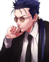 Rule 34 | 1boy, black necktie, black suit, blue hair, clenched hand, cu chulainn (fate), cu chulainn (fate/stay night), earrings, fate (series), formal, glasses, highres, jewelry, long hair, long sleeves, male focus, necktie, ponytail, red eyes, samuraisamurai, solo, spiked hair, suit, upper body, white background