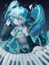 1girl :o absurdres arm_tattoo black_skirt blue_background blue_eyes blue_hair blue_nails blue_necktie blue_theme collared_shirt cowboy_shot detached_sleeves grey_shirt hair_between_eyes hand_up hatsune_miku headphones highres instrument keyboard_(instrument) long_hair looking_at_viewer necktie open_mouth shirt shixiaoqina skirt sleeveless sleeveless_shirt solo sparkle tattoo twintails vocaloid