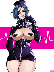 Rule 34 | 1girl, absurdres, alecto 0, belt, black nurse outfit, blue hair, breasts, cardiogram, cowboy shot, elbow gloves, eyepatch, gloves, hat, heart pasties, heartbeat, highres, large breasts, latex, leather, maebari, nurse cap, pasties, pink background, ponytail, red eyes, scar, scar on face, scar on mouth, shrug (clothing), skullgirls, smile, solo, thigh gap, valentine (skullgirls), white background, zipper