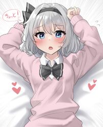 Rule 34 | 1girl, absurdres, alternate costume, arms up, black bow, black hairband, blue eyes, blush, bow, collared shirt, commentary request, emphasis lines, flying sweatdrops, grey hair, hair between eyes, hair bow, hair intakes, hairband, heart, highres, konpaku youmu, looking at viewer, lying, on back, open mouth, pink sweater, shirt, short hair, sleeves past wrists, solo, speech bubble, sweatdrop, sweater, touhou, translated, upper body, white shirt, youmu-kun