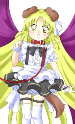 Rule 34 | 1girl, :d, animal ears, apron, bat wings, black bow, black bowtie, black skirt, blonde hair, blush, bow, bowtie, brown tail, buttons, center frills, collar, dog ears, dog tail, fake animal ears, flat chest, floppy ears, frills, hand up, kemonomimi mode, kurumi (touhou), leash, long hair, looking at viewer, nonamejd, official style, open mouth, puffy short sleeves, puffy sleeves, purple wings, red collar, shirt, short sleeves, simple background, single horizontal stripe, skirt, smile, solo, standing, suspender skirt, suspenders, tail, thighhighs, touhou, touhou (pc-98), very long hair, waist apron, white apron, white background, white shirt, white thighhighs, wings, yellow eyes, zun (style)
