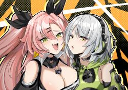 absurdres anby_demara breasts cleavage fang green_eyes grey_hair highres large_breasts long_hair medium_hair nicole_demara open_mouth pink_hair skin_fang smile strapless synchroman tongue tube_top twintails very_long_hair white_tube_top yellow_eyes zenless_zone_zero