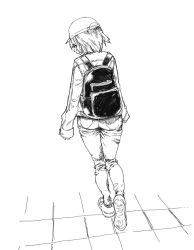 Rule 34 | 1girl, ass, backpack, bag, closed mouth, denim, greyscale, hat, highres, jacket, jeans, kotoyama, looking back, monochrome, original, pants, shoes, short hair, sneakers, solo