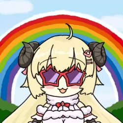 Rule 34 | 1girl, ahoge, animated, baansperion, blonde hair, headbanging, hololive, horns, loading screen, long hair, rainbow, sheep horns, solo, star-shaped eyewear, star (symbol), tsunomaki watame, tsunomaki watame (1st costume), video, virtual youtuber
