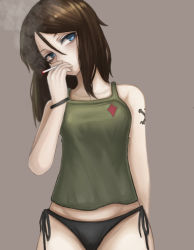 Rule 34 | 10s, 1girl, black hair, black panties, blue eyes, bracelet, brown background, camisole, cigarette, commentary, emblem, girls und panzer, green shirt, hair between eyes, head tilt, highres, jewelry, long hair, looking at viewer, nonna (girls und panzer), panties, shirt, side-tie panties, simple background, smoking, solo, standing, swept bangs, tacch, tattoo, underwear, underwear only, upper body