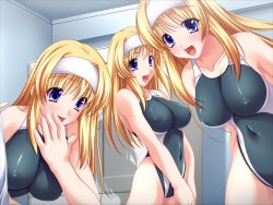 Rule 34 | 3girls, bad anatomy, blonde hair, blue eyes, blush, breasts, competition swimsuit, covered erect nipples, covering own mouth, game cg, grey one-piece swimsuit, hairband, hand over mouth, hand over own mouth, happy, huge breasts, impossible clothes, impossible swimsuit, ishii akira, large breasts, leaning forward, long hair, multiple girls, navel, non-web source, one-piece swimsuit, open mouth, skin tight, smile, standing, suisui -sweetheart swimmer-, swimsuit, take your pick, triplets, uchiki medaka