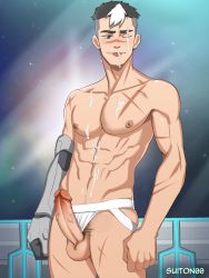 Rule 34 | 1boy, abs, cum, erection, highres, hyakujuu-ou golion, licking lips, male focus, multicolored hair, muscular, nipples, penis, scar, solo, suiton, takashi shirogane, tongue, tongue out, voltron
