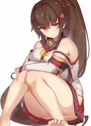 Rule 34 | 10s, 1girl, bad id, bad pixiv id, bare shoulders, barefoot, breasts, brown eyes, brown hair, cherry blossoms, collar, detached sleeves, flower, hair flower, hair ornament, hip vent, kantai collection, kikumon, knees together feet apart, large breasts, long hair, looking at viewer, miniskirt, no legwear, pleated skirt, pokoten (pokoten718), ponytail, red skirt, simple background, sitting, skirt, smile, solo, toes, very long hair, white background, yamato (kancolle)