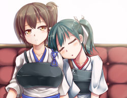 Rule 34 | 10s, 2girls, armor, brown eyes, brown hair, green hair, hair ribbon, head on another&#039;s shoulder, head tilt, japanese clothes, kaga (kancolle), kantai collection, kirimori toya, leaning on person, multiple girls, muneate, open mouth, ribbon, side-by-side, side ponytail, sleeping, twintails, zuikaku (kancolle)