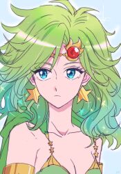 Rule 34 | 1girl, aged up, blue eyes, breasts, cleavage, closed mouth, detached sleeves, earrings, final fantasy, final fantasy iv, green hair, hair ornament, jewelry, long hair, medium breasts, rydia (ff4), sa kichi, simple background, solo, star (symbol), star earrings