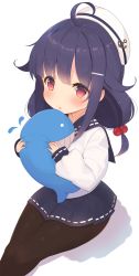 Rule 34 | 1girl, aged down, ahoge, anchor, blue skirt, blush, brown pantyhose, commentary request, hair bobbles, hair flaps, hair ornament, hairclip, hat, highres, holding, holding stuffed toy, kagerou (shadowmage), kantai collection, long hair, long sleeves, looking at viewer, low twintails, neckerchief, open mouth, pantyhose, parted lips, pleated skirt, purple hair, red eyes, ribbon, sailor hat, school uniform, serafuku, simple background, sitting, skirt, solo, stuffed animal, stuffed toy, taigei (kancolle), thighs, twintails, whale, white background