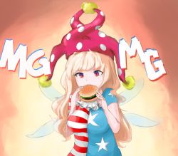 Rule 34 | 1girl, american flag dress, appleslush, blonde hair, breasts, burger, clownpiece, dress, eating, fairy wings, food, hat, jester cap, red eyes, simple background, solo, striped clothes, striped dress, sweat, touhou, wings