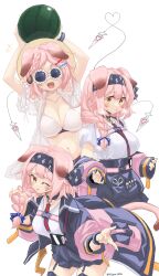 Rule 34 | +++, 1girl, absurdres, animal ears, arknights, belt, bikini, black skirt, blush, bow, braid, braided ponytail, breasts, breath, buckle, cleavage, food, fruit, garter straps, glasses, goldenglow (arknights), hair bow, hair ornament, hairband, hairclip, hat, highres, holding, holding food, holding hair, infection monitor (arknights), jacket, large breasts, long hair, looking at viewer, multiple views, n4gare b0shi, navel, one eye closed, opaque glasses, pink hair, pink jacket, shirt, shirt tucked in, simple background, skirt, snap-fit buckle, solo, sun hat, sweat, swimsuit, swimsuit cover-up, tongue, tongue out, twitter username, watermelon, white background, white bikini, white shirt, yellow eyes