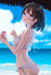 Rule 34 | 1girl, :p, absurdres, arched back, ass, bare arms, bikini, black hair, blue sky, blurry, blurry background, blush, breasts, day, food, highres, holding, holding spoon, horizon, looking at viewer, ocean, original, outdoors, purple eyes, sand, shaved ice, short hair, side-tie bikini bottom, sky, small breasts, spoon, swimsuit, tongue, tongue out, white bikini, yushima