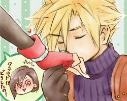 Rule 34 | 1boy, 1girl, @ @, black sleeves, blonde hair, blush, brown gloves, brown hair, chibi, chibi inset, closed eyes, cloud strife, commentary request, couple, cropped head, detached sleeves, earrings, embarrassed, final fantasy, final fantasy vii, fingerless gloves, gloves, heart, hetero, holding hands, jewelry, kiss, kissing hand, long hair, lowres, male focus, materia, open mouth, red gloves, ribbed sweater, short hair, single earring, sleeveless, sleeveless turtleneck, sobagaki shinyo, speech bubble, spiked hair, sweater, swept bangs, tifa lockhart, translation request, triangle mouth, turtleneck, turtleneck sweater, upper body