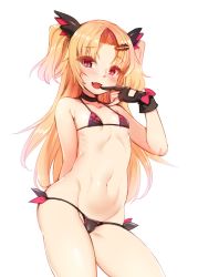 Rule 34 | 1girl, absurdres, akatsuki uni, arm behind back, bikini, black bikini, blonde hair, blush, breasts, cleft of venus, collarbone, commentary request, cowboy shot, fang, gloves, groin, hair ornament, hairclip, harigane shinshi, highres, long hair, looking at viewer, micro bikini, navel, open mouth, parted bangs, red eyes, ribbon, small breasts, solo, stomach, swimsuit, twintails, two side up, uni create, very long hair, virtual youtuber, white background