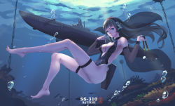 Rule 34 | 1girl, barefoot, black hair, black one-piece swimsuit, blue eyes, bomb, character name, explosive, feet, headphones, highres, holding, holding weapon, jewelry, kantai collection, long hair, looking at viewer, mine (weapon), naval mine, one-piece swimsuit, pacific (kancolle), see-through, signature, sima naoteng, skindentation, smile, submarine, swimsuit, thigh strap, underwater, uss batfish (ss-310), watercraft, weapon