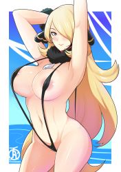 Rule 34 | 1girl, absurdres, areola slip, armpits, arms up, ass, bikini, black bikini, blonde hair, breasts, brown eyes, commentary request, cowboy shot, creatures (company), curvy, cynthia (pokemon), game freak, hair over one eye, hand in own hair, highres, large breasts, lips, long hair, looking at viewer, nintendo, pokemon, pokemon dppt, revolverwing, sideboob, slingshot swimsuit, solo, standing, strap gap, swimsuit, thick thighs, thighs, underboob, very long hair, wide hips, yellow eyes