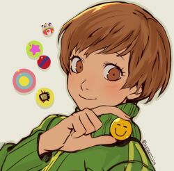 Rule 34 | 1girl, badge, brown eyes, brown hair, button badge, green jacket, grey background, holding, jacket, kuma (persona 4), long sleeves, neekosiah, outline, persona, persona 4, satonaka chie, short hair, simple background, smile, solo, star (symbol), television, track jacket, twitter username, upper body