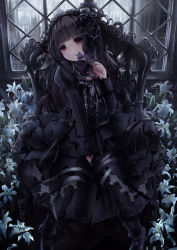 Rule 34 | 1girl, :o, armchair, between legs, black dress, black flower, black footwear, black hair, black rose, blunt bangs, chair, commentary, dark, detached collar, dress, eyebrows, flower, goth fashion, gothic lolita, hair flower, hair ornament, hairband, hand between legs, head tilt, highres, holding, holding flower, indoors, knees together feet apart, lily (flower), lolita fashion, lolita hairband, long hair, long sleeves, looking at viewer, missile228, original, red eyes, rose, shoes, sitting, solo, very long hair, window