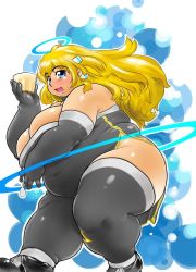 Rule 34 | artist request, ass, blonde hair, blue eyes, blush, breasts, character request, choker, fat, food, halo, huge ass, large breasts, lips, long hair, obese, open mouth, shoes, smile, spoon, tagme, white spoon