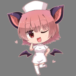 Rule 34 | 1girl, ;d, animal ears, bad id, bad pixiv id, bat ears, black wings, blush, breasts, brown hair, brown outline, chibi, commentary request, detached wings, dress, grey background, hair between eyes, hand up, hat, heart, medium breasts, mini wings, noai nioshi, nurse, nurse cap, one eye closed, open mouth, original, red eyes, short sleeves, smile, solo, standing, standing on one leg, thighhighs, white dress, white footwear, white hat, white thighhighs, wings