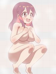 Rule 34 | 1girl, barefoot, bathroom, blush, breasts, convenient arm, convenient censoring, convenient leg, feet, full body, highres, indoors, large breasts, long hair, matching hair/eyes, murosaki miyo, nude, onii-chan wa oshimai!, open mouth, red eyes, red hair, smile, solo, squatting, tekisui, tiles