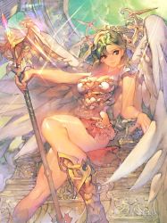 Rule 34 | 1girl, angel wings, armor, boots, breasts, character request, cleavage, closed mouth, commentary request, fantasy, frills, green hair, highres, holding, holding weapon, isaac hein iii, long hair, looking at viewer, medium breasts, microskirt, official art, parted hair, polearm, revealing clothes, shiny skin, short sleeves, sitting, skirt, smile, solo, sparkle, tenka touitsu chronicle, thighs, throne, weapon, white wings, wings
