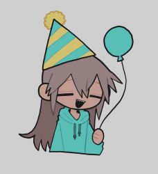 Rule 34 | 1girl, aqua hoodie, balloon, black outline, blonde hair, blue hat, chibi, closed eyes, commentary, grey background, hair between eyes, happy, hat, holding, holding balloon, hood, hood down, ichika-chan (iiiichimaru 03), iiiichimaru 03, light blush, long hair, open mouth, original, outline, party hat, sharp teeth, sidelocks, simple background, smile, solo, striped clothes, striped headwear, symbol-only commentary, teeth, upper body, upper teeth only, yellow hat