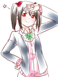 Rule 34 | 10s, 1girl, black hair, blazer, blush, cardigan, hand on own hip, jacket, kana-ak, looking at viewer, love live!, love live! school idol project, open clothes, open jacket, red eyes, school uniform, short hair, simple background, smile, solo, v, white background, yazawa nico
