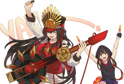 Rule 34 | 1boy, 1girl, black hair, black headwear, breasts, buster shirt, crest, csyday, family crest, fate/grand order, fate (series), guitar, hat, headphones, headphones around neck, instrument, jacket, koha-ace, letterman jacket, long hair, long sleeves, oda nobukatsu (fate), oda nobunaga (fate), oda nobunaga (koha-ace), oda nobunaga (swimsuit berserker) (fate), oda nobunaga (swimsuit berserker) (first ascension) (fate), oda uri, oversized object, peaked cap, red eyes, red shirt, shirt, small breasts