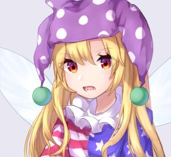 Rule 34 | 1girl, american flag dress, blonde hair, blue dress, clownpiece, commentary, dress, fairy wings, grey background, hair between eyes, hat, highres, jester cap, long hair, looking at viewer, mozuno (mozya 7), neck ruff, open mouth, polka dot, polka dot headwear, purple hat, red dress, red eyes, simple background, solo, star (symbol), star print, striped clothes, striped dress, touhou, upper body, white dress, wings