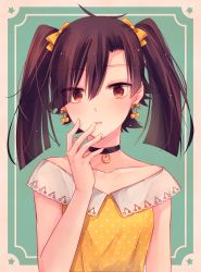 Rule 34 | 1girl, black choker, bow, brown hair, choker, collarbone, earrings, enomoto takane, green background, hair between eyes, hair bow, jewelry, kagerou project, long hair, looking at viewer, open mouth, ouri (aya pine), outside border, polka dot, polka dot shorts, red eyes, shirt, short shorts, shorts, sleeveless, sleeveless shirt, solo, twintails, yellow bow, yellow shorts