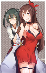 Rule 34 | 2girls, :t, azur lane, bare shoulders, breast envy, breasts, brown eyes, brown gloves, brown hair, choker, cleavage, closed mouth, cowboy shot, crossover, dress, frown, gloves, green eyes, green hair, hair ornament, halterneck, highres, historical name connection, kantai collection, large breasts, long hair, looking at another, multiple girls, muneate, myumi, name connection, nervous smile, parted lips, ponytail, red dress, smile, standing, sweatdrop, twitter username, two side up, v-shaped eyebrows, very long hair, zuikaku (azur lane), zuikaku (kancolle)