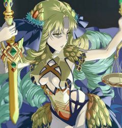 Rule 34 | 1girl, astraea (fate), blonde hair, blue hair, bow, breasts, center opening, drill hair, fate/grand order, fate (series), flower, gradient hair, long hair, multicolored hair, scales, solo, sword, weapon, yellow eyes, yukino (stardust)
