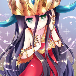 Rule 34 | 1boy, black hair, crown, dress, finger to mouth, green eyes, horns, jewelry, male focus, off shoulder, paimon (p&amp;d), pikomarie, puzzle &amp; dragons, shushing, solo, trap