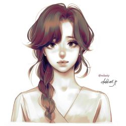 Rule 34 | 1girl, artist name, bad id, bad instagram id, braid, brown hair, closed mouth, commentary request, commission, earrings, eyelashes, freckles, jewelry, lips, long hair, looking at viewer, original, parted bangs, side braid, simple background, solo, takenaka, upper body, watermark, web address, white background