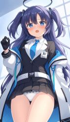 Rule 34 | 1girl, :o, absurdres, black gloves, black jacket, black skirt, blue archive, blue eyes, blue necktie, blush, coat, collared shirt, commentary request, gloves, halo, highres, jacket, long sleeves, looking at viewer, mechanical halo, necktie, nikki (n2kkey), off shoulder, open mouth, panties, pantyshot, pleated skirt, purple hair, shirt, skirt, solo, standing, thighs, two side up, underwear, white coat, white panties, white shirt, yuuka (blue archive)