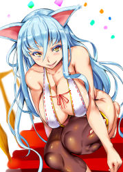 Rule 34 | 1girl, animal ears, black thighhighs, blue hair, blush, breasts, cat ears, cleavage, collarbone, hair between eyes, large breasts, long hair, looking at viewer, nontraditional miko, original, parted lips, revealing clothes, shiny skin, short eyebrows, smile, solo, thighhighs, usyuuri, yellow eyes