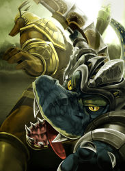 Rule 34 | 2boys, animal ears, armor, bare shoulders, blade, bracer, brothers, claws, donarudo, fighting stance, forest, hat, helmet, league of legends, male focus, multiple boys, nasus, nature, no humans, open mouth, red eyes, renekton, scales, sharp teeth, siblings, slit pupils, staff, tail, teeth, tongue, weapon, yellow eyes