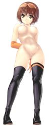Rule 34 | 1girl, akamaru, breasts, brown eyes, brown hair, elbow gloves, gloves, hitomi yoshino, namco, nipples, nude, perspective, pussy, race queen, smile, solo, standing, thighhighs, uncensored, yoshino hitomi