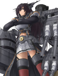 Rule 34 | 10s, 1girl, bad id, bad pixiv id, black coat, black gloves, black hair, breasts, brown eyes, coat, elbow gloves, gloves, headgear, highres, kantai collection, long hair, looking at viewer, looking down, mechanical, miniskirt, nagato (kancolle), nagato kai ni (kancolle), navel, own hands together, partially fingerless gloves, pleated skirt, red thighhighs, rigging, skirt, smokestack, solo, thighhighs, turret, white background, white skirt, zombie mogura