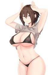 Rule 34 | 1girl, absurdres, arms up, bikini, black bikini, blue eyes, breasts, brown hair, clothes lift, covered erect nipples, cowboy shot, deroo, grey shirt, hair between eyes, highres, large breasts, light smile, micro bikini, navel, original, parted lips, rabbit pose, shirt, shirt lift, short hair, short sleeves, simple background, skindentation, solo, swimsuit, t-shirt, thighs, white background