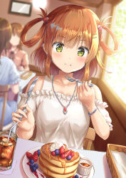 Rule 34 | 3girls, :t, blush, cake, closed mouth, collarbone, drink, drinking straw, eating, food, fork, fruit, glass, grapes, green eyes, hair bobbles, hair ornament, hair rings, hirokazu (analysis-depth), jewelry, knife, looking down, multiple girls, necklace, orange hair, plate, princess connect!, revision, rino (princess connect!), rino (real) (princess connect!), short hair, solo focus, strawberry