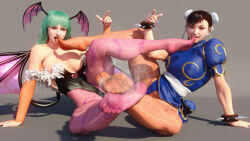 Rule 34 | 2girls, 3d, brown eyes, capcom, chinese clothes, chun-li, covered erect nipples, double bun, feet, female focus, hair bun, highres, koupantyhose, licking foot, long hair, looking at viewer, morrigan aensland, multiple girls, pantyhose, parted lips, smell, soles, steam, street fighter, toes, yuri