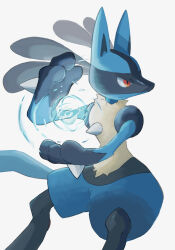 Rule 34 | closed mouth, commentary request, creatures (company), energy ball, frown, game freak, gen 4 pokemon, highres, looking to the side, lucario, momota pix, nintendo, pokemon, pokemon (creature), red eyes, solo, spikes, white background, yellow fur