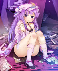 Rule 34 | 1girl, book, bottomless, bow, bra, buriki, crescent, crescent hat ornament, female focus, hat, hat ornament, lingerie, long hair, no panties, patchouli knowledge, purple eyes, purple hair, shoes, sitting, socks, solo, torn clothes, touhou, underwear